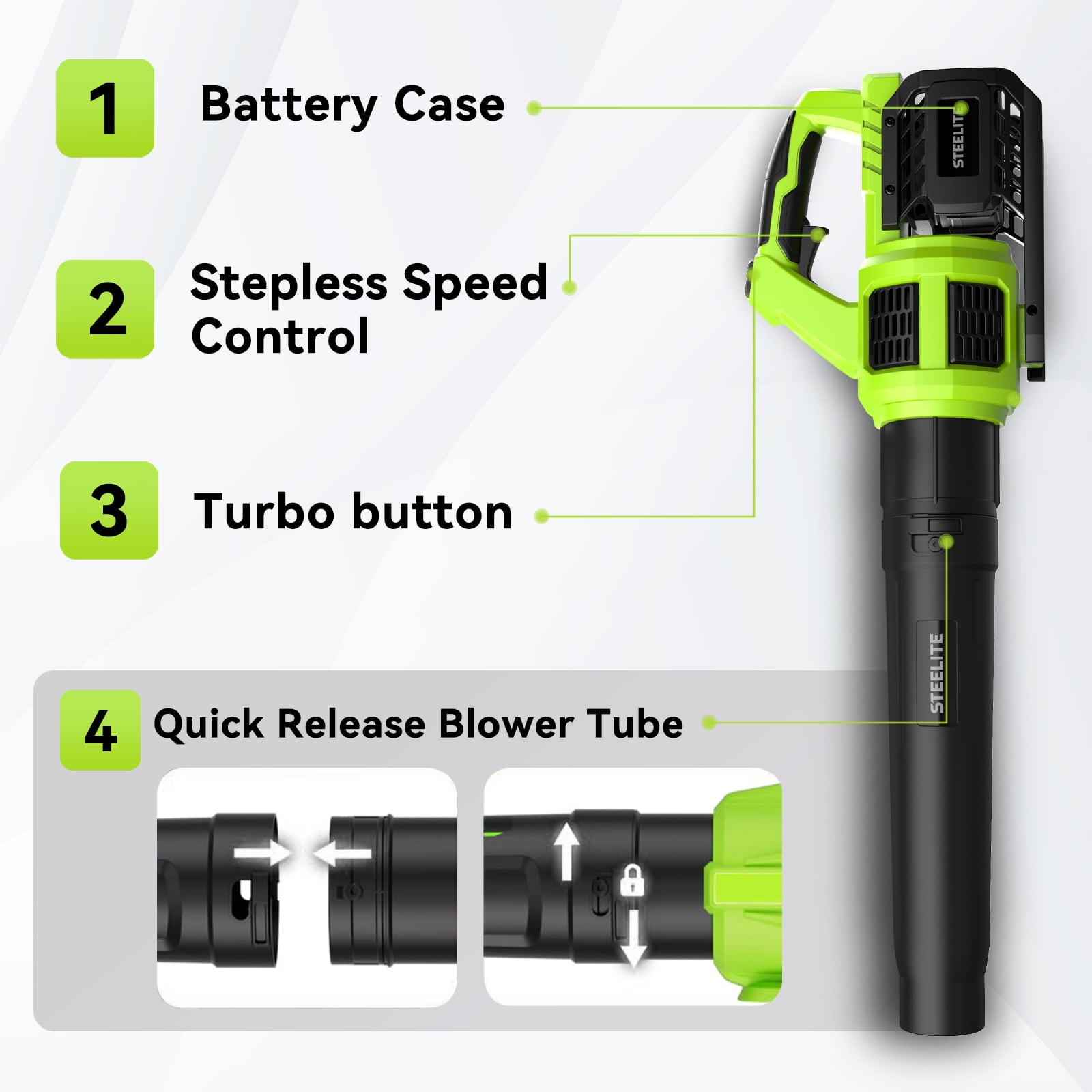 Steelite 21V Cordless Leaf Blower,120 MPH 480 CFM,Electric Lightweight Blower with  4.0Ah Battery Pack and Charger,for Lawn Care, Patio Cleaning, Blowing Leaves and Dust