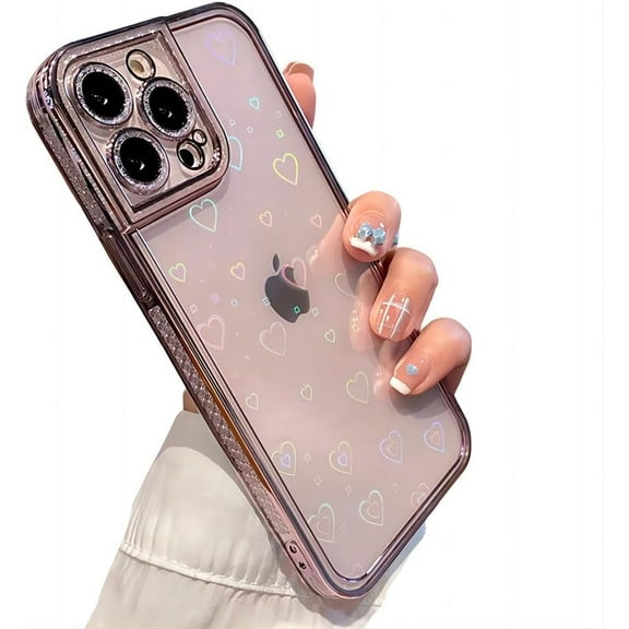 for iPhone Case,Luxury ElectroPlated Glitter Sparkle Sparkly Rhinestone Frame Love Heart Pattern Bumper Camera Lens Protection Soft Shockproof Phone Case (Pink,iPhone 12)