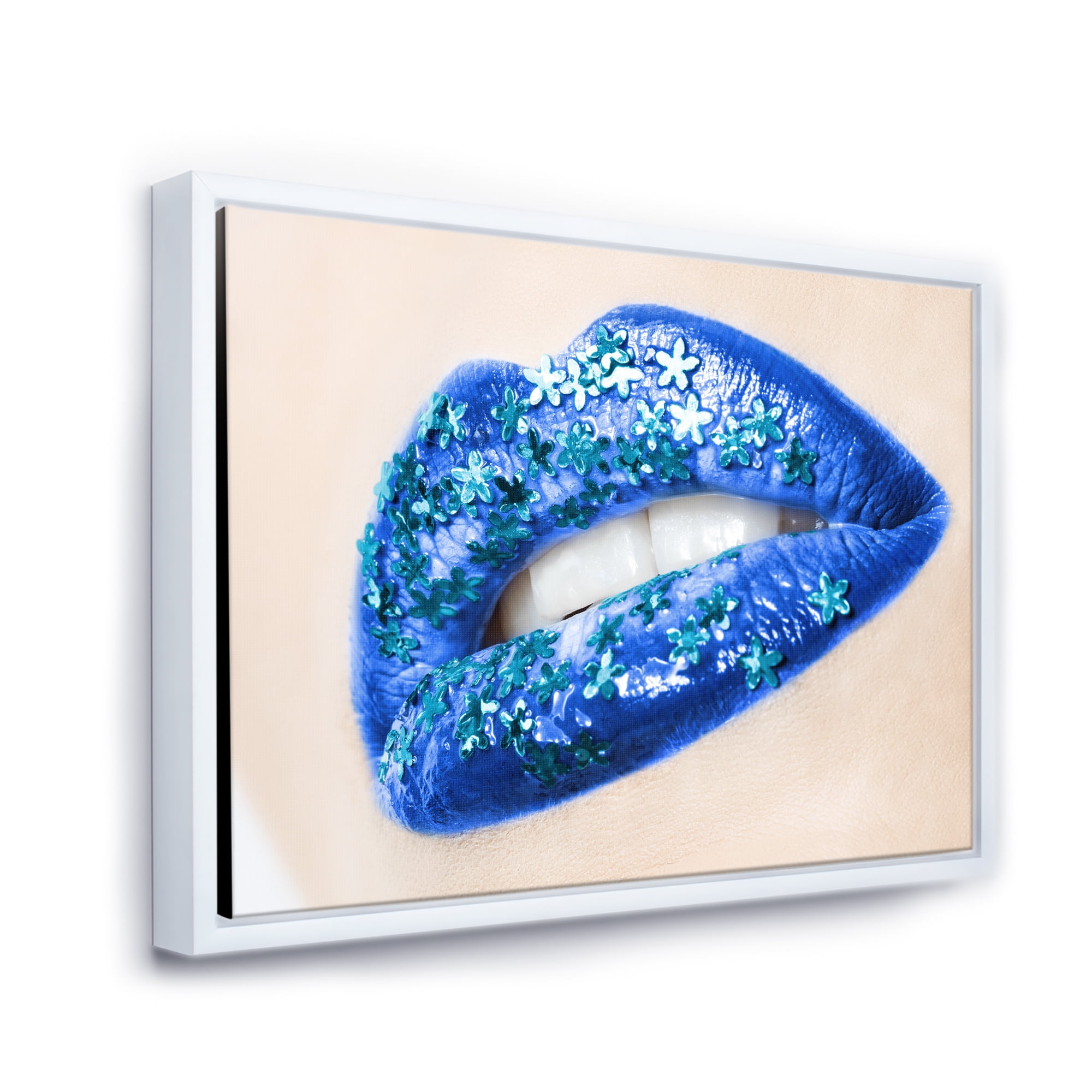 Designart 'Beautiful Woman Lips Blue With Flowers' Modern Framed Canvas Wall Art Print