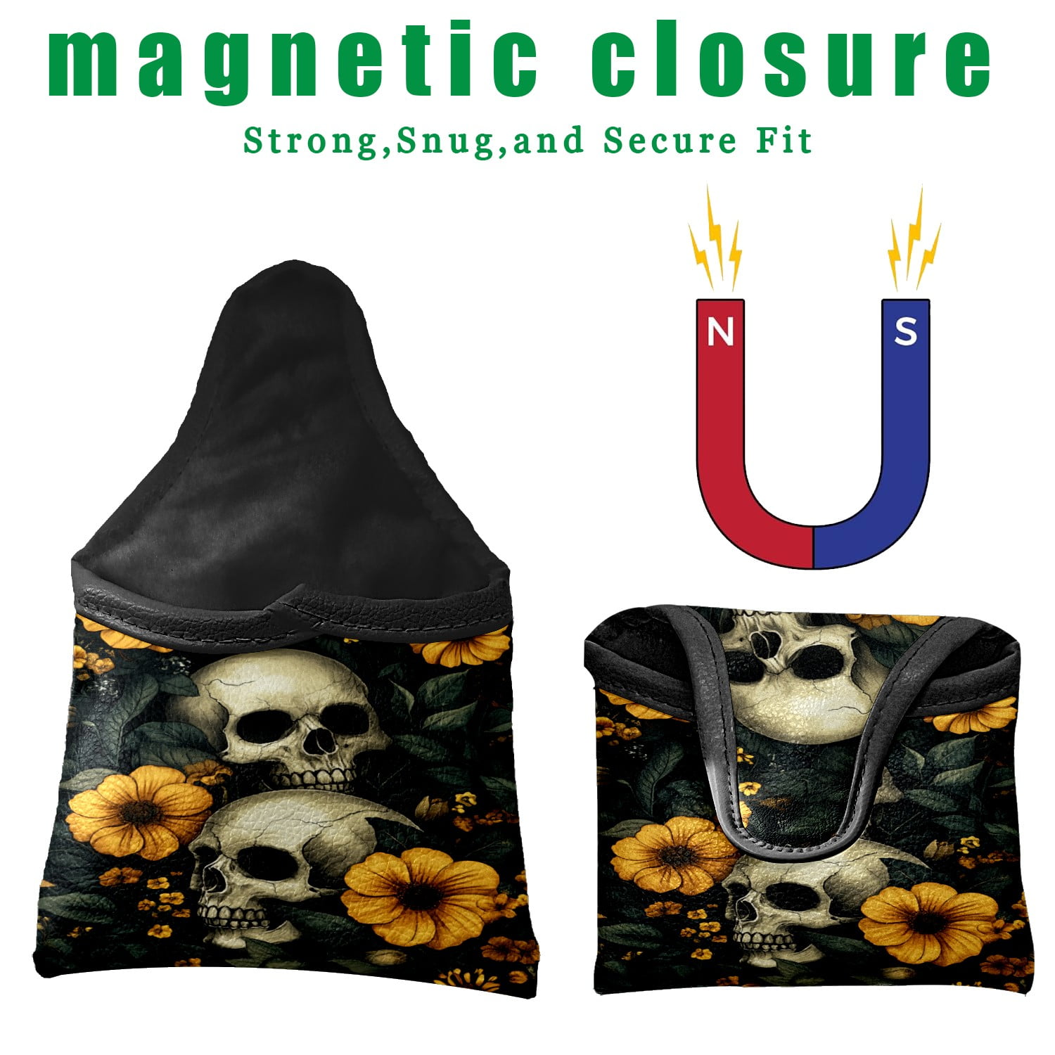 Golf Mallet Putter Cover Premium Leather Waterproof Golf Putter Head Cover with Magnetic Closure Yellow Flowers And Skulls