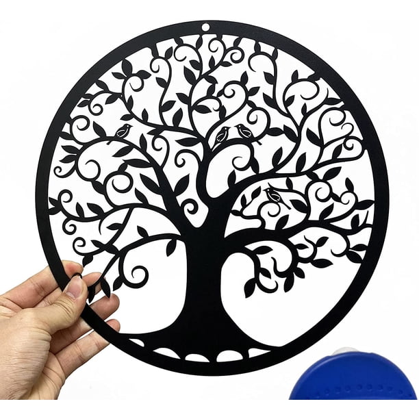 Decoración de pared de árbol de la vida de metal, arte de silueta para regalo de interior, regalo al aire libre, decoración del hogar y jardín (negro, 28x28cm)