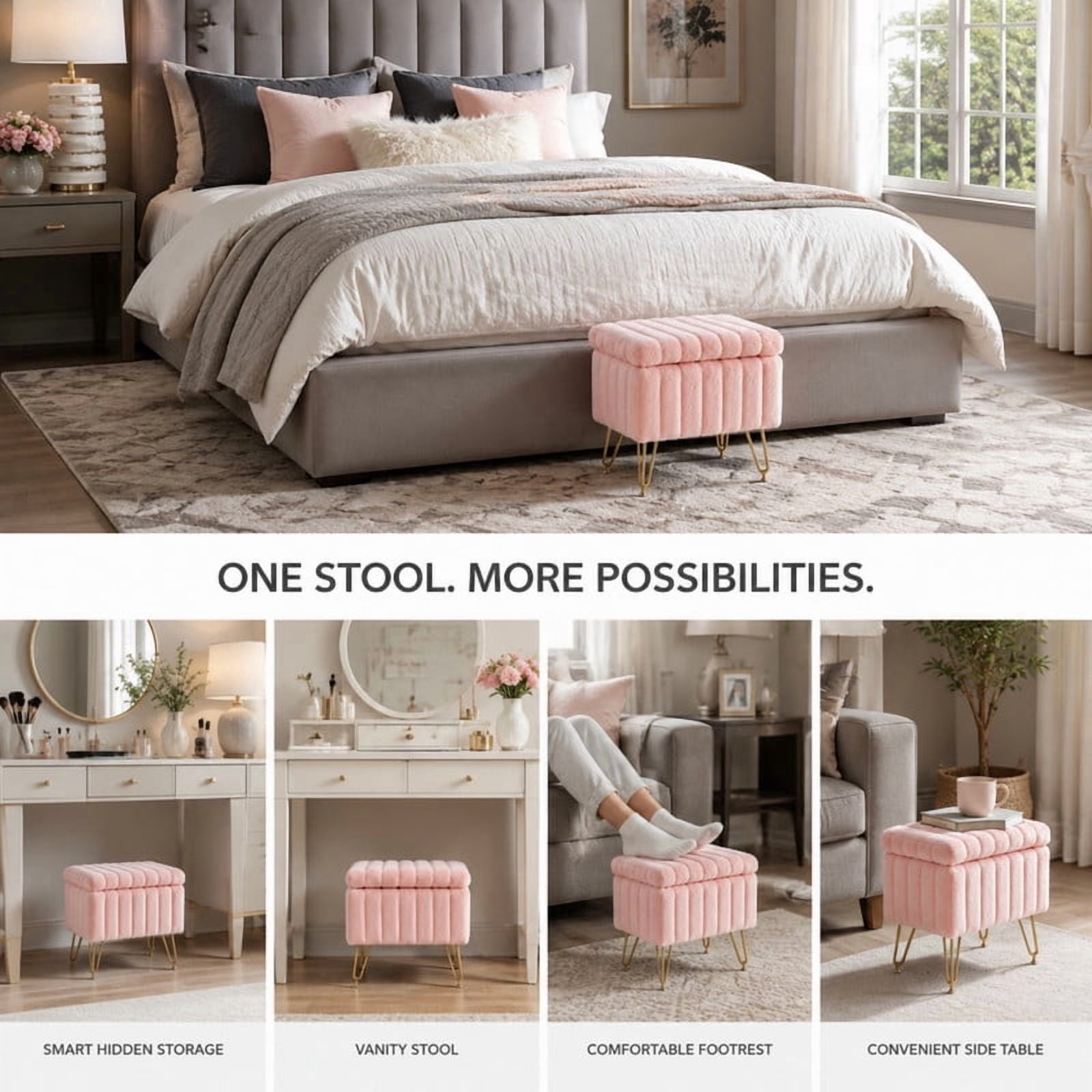 BEAUTYPEAK Vanity Stool with Storage Faux Fur Padded Makeup Ottoman with Gold Metal Legs and Adjustable Feet 18.9" Footstool, Pink