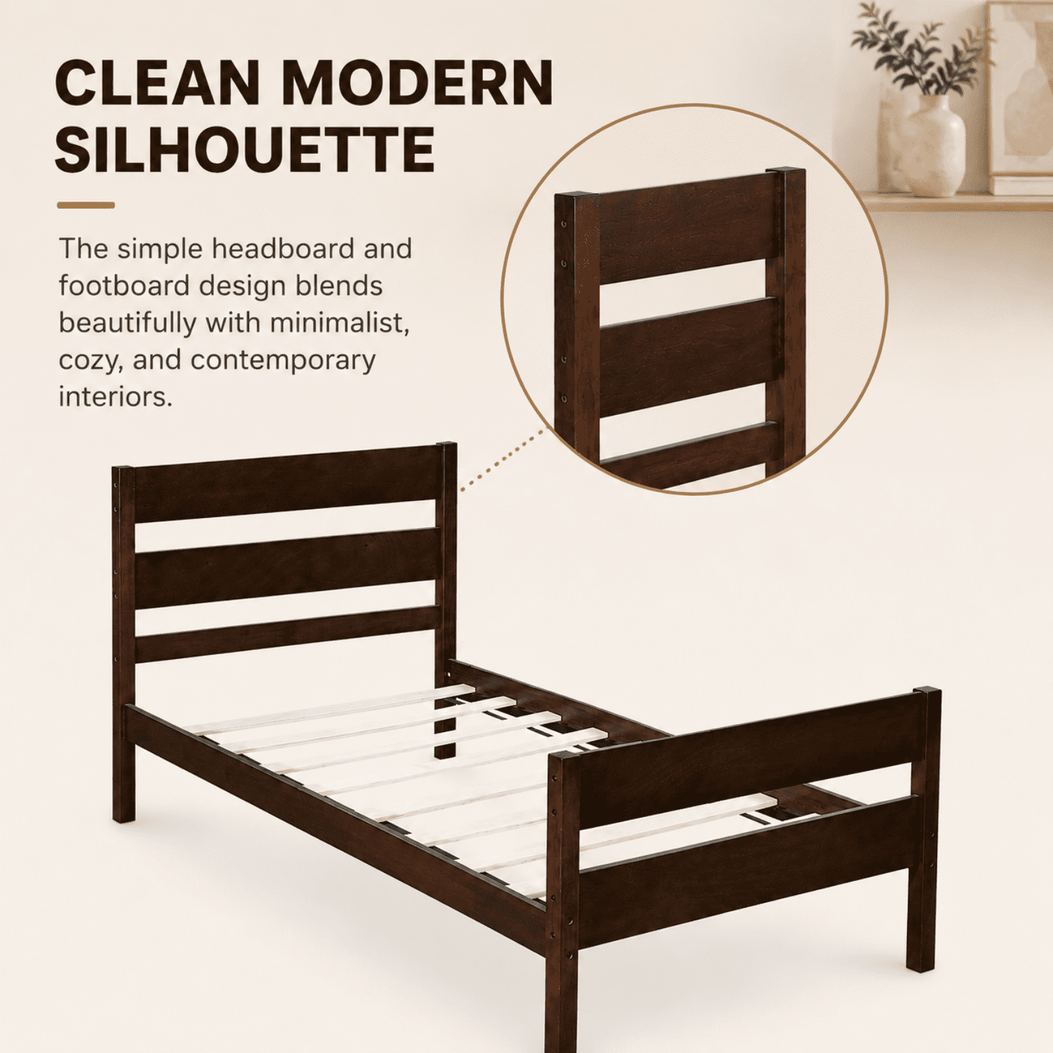 Miniyam Twin Bed Frame, Solid Rubber Wood Platform Bed with Headboard and Footboard, Espresso