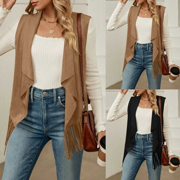 jtjvou Women's Fringe Vest 70s Hippie Sleeveless Western Faux Suede Cardigan Outerwear Black L