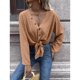 thumbnail image 3 of Camiseta de manga larga con botones y cuello en V, dobladillo suelto de Color sólido, regalos para mujer para fiesta, compras, trabajo, 3 of 6