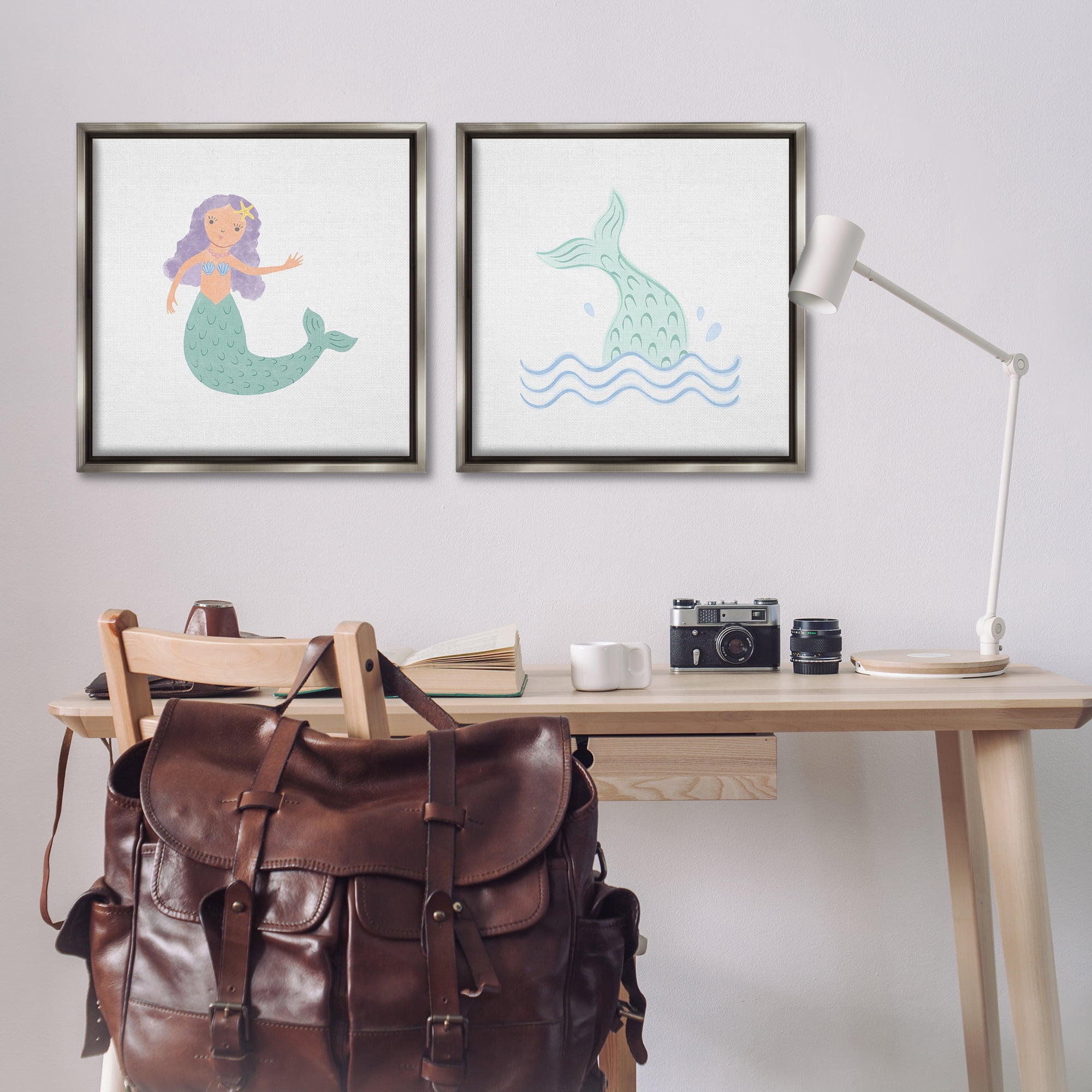 Stupell Industries Ocean Mermaid Splash Fantasy & Sci-Fi Painting Gray Floater Framed Canvas Art Print Wall Art, 25 x 25, Set of 2