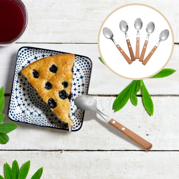LIOOBO 5Pcs Western Food Spoons Stainless Steel with Wood Handles for Kitchen and Home Tableware