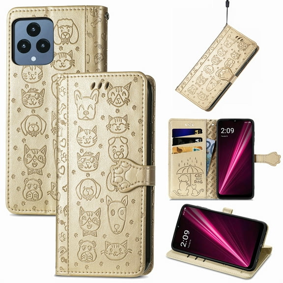Conmpatible for T-Mobile REVVL 6 5G Wallet Case with Card Holder, Lovely Cartoon Cat & Dog Animal Embossed Pattern PU Leather Flip Cover Kickstand Magnetic Clasp Shockproof Case, Gold