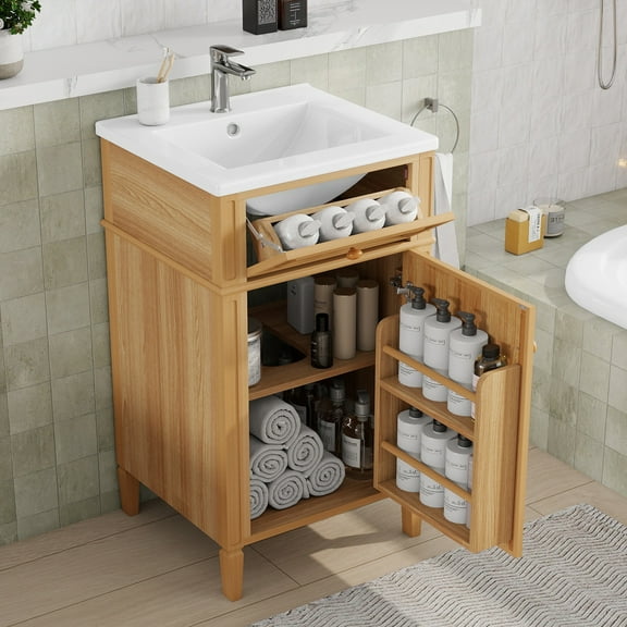 Euroco 20-Inch Wood Bathroom Vanity with Sink, Solid Wood Legs, Adjustable Shelf, Tilt-Out Drawer, Wood Knobs, Modern Freestanding Cabinet for Small Bathroom