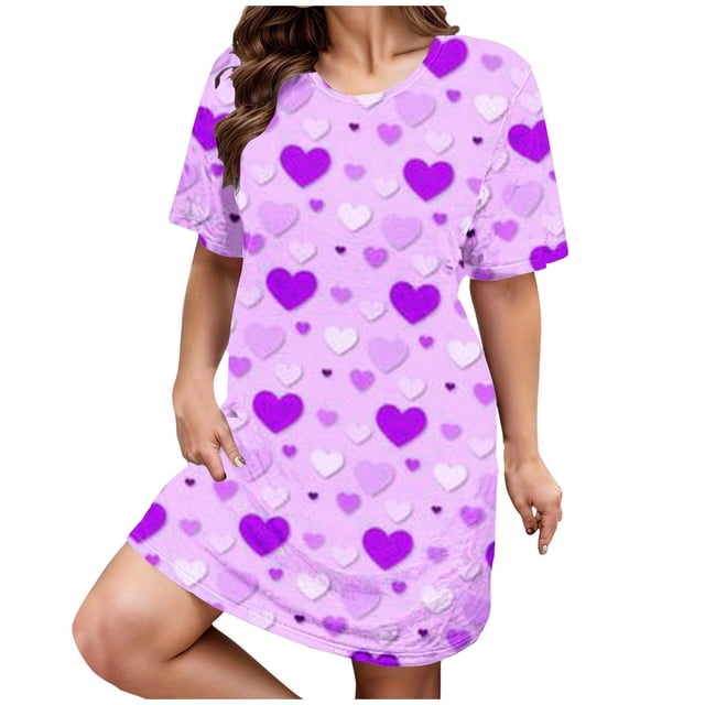 Chemises de Nuit pour Femmes Grande Taille Robe de Nuit Décontractée Grande Taille Imprimé Cœur Manches Courtes Col Rond Extensible Moyen Ample Robe de Nuit Saint-Valentin XXXXXL