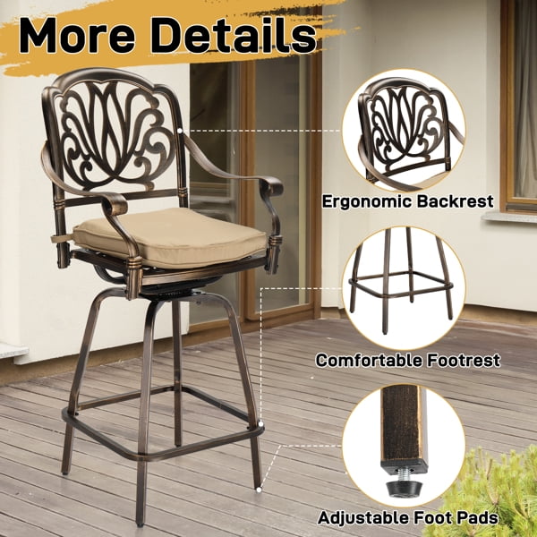 Outdoor Swivel Bar Stools Set of 2, Cast Aluminum Patio Bar Height Chairs, All-Weather Bar Dining Chairs Outdoor Swivel Chairs Furniture (Elizabethan Back)