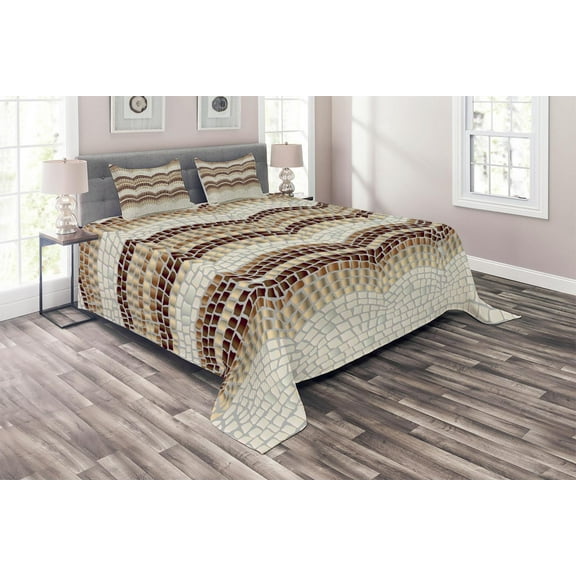 Ambesonne Vintage Quilted Coverlet 3 Pcs, Antique Mosaic Effect, King Size, Beige Brown Tan