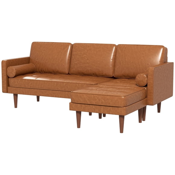 Brown PU Leather L-Shaped Sectional Sofa with Movable Footstool and 2 Bolster Pillows, Tufted Corner Couch Set for Living Room, 79.1" L x 53.5" W x 32.7" H, Eucalyptus Wood Legs