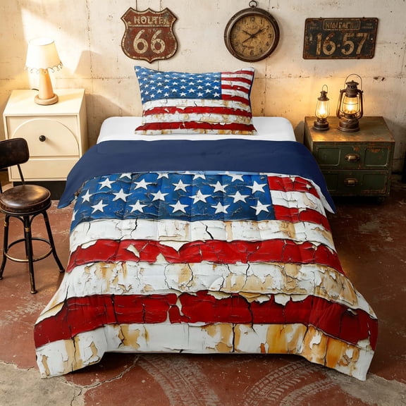 Manfei Cracked USA Flag Twin Comforter Sets, Distressed American Banner Bedding Set, Red White Blue, Navy Reversible 2pcs, 1 Comforter and 1 Pillowcase