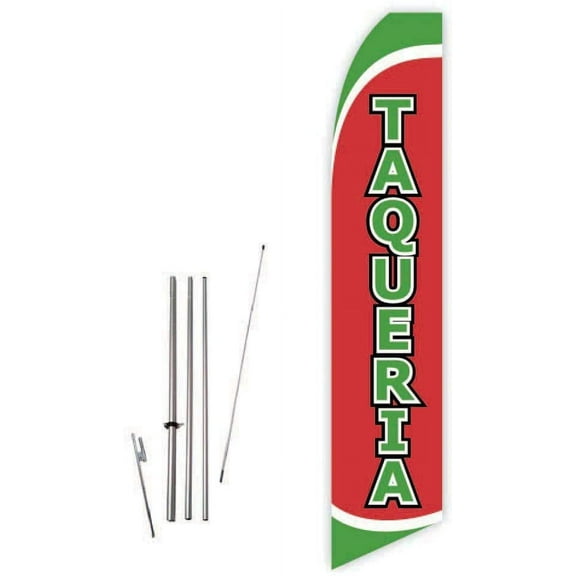 Taqueria (Red) Super Novo Feather Flag - Complete with 15ft Pole Set and Ground Spike