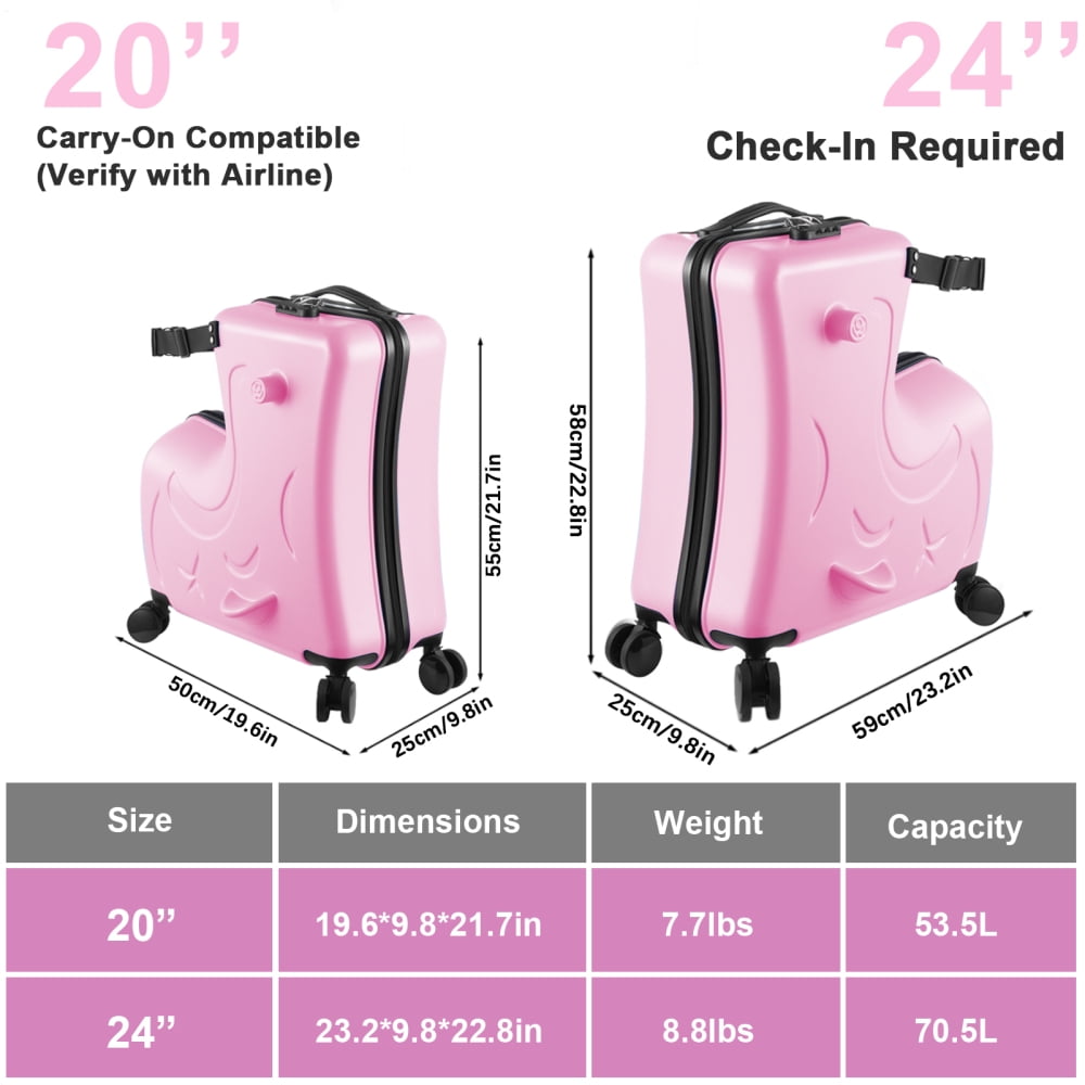 Kids Ride on Luggage for Aged 3-12, Toddler Luggage with Seat,Rolling Luggage with Spinner Wheels ,Suitcase Carry Trolley with Password Lock,with Safety Belt, Airplane Travel (Pink)