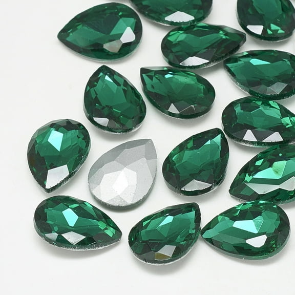 50pc Pointed Back Glass Rhinestone Cabochons Back Plated Faceted teardrop Med.Emerald 14x10x4.5mm