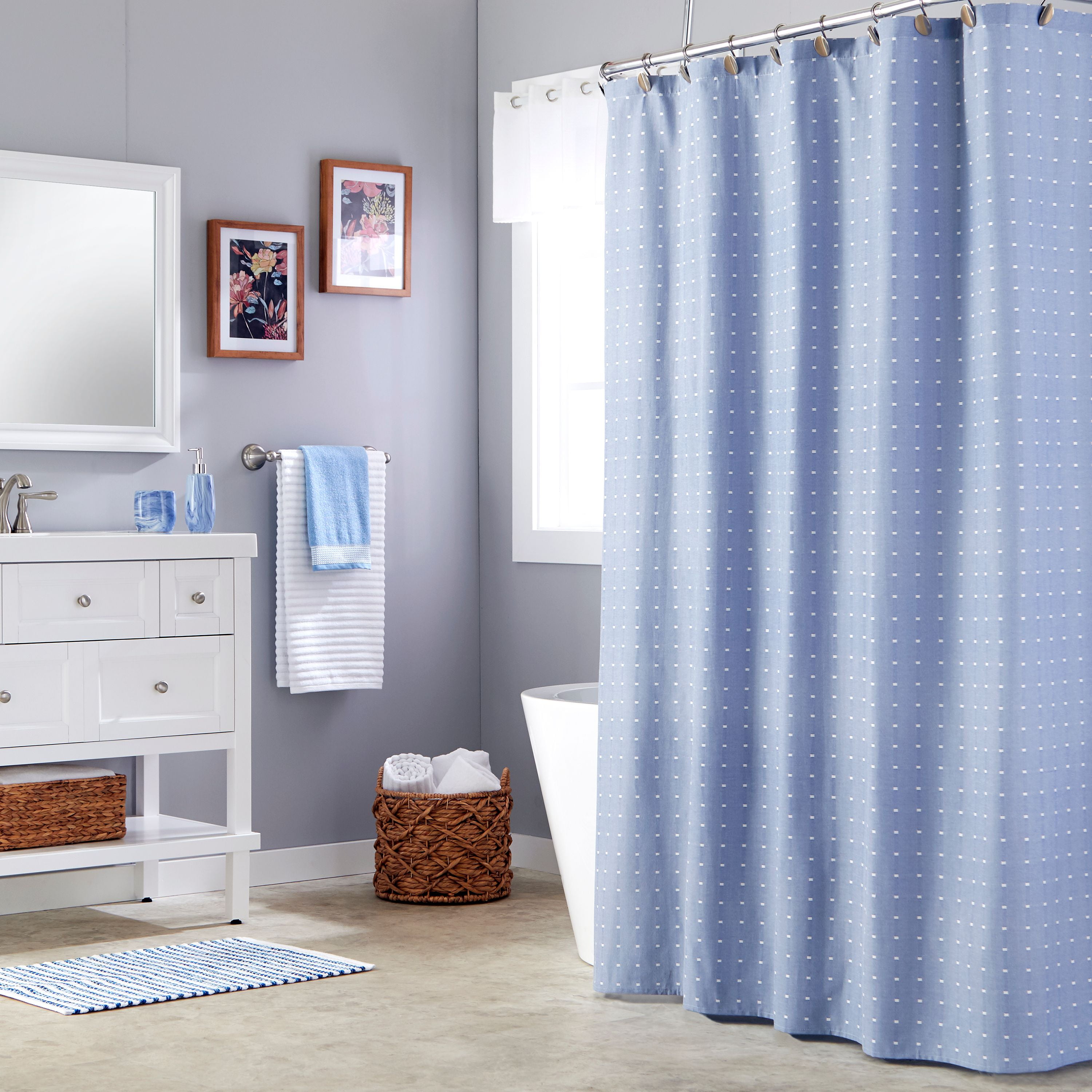 SKL Home Chambray Squares Fabric Shower Curtain, Blue, 72" x 72
