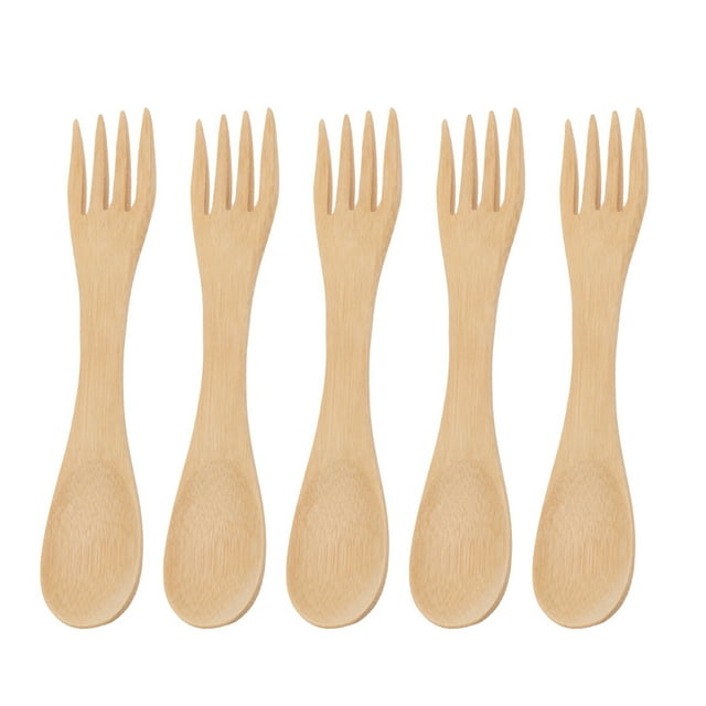 5pcs Children Cartoon 2-in-1 Spoon and Forks Household Wooden for Kids Children (Khaki)
