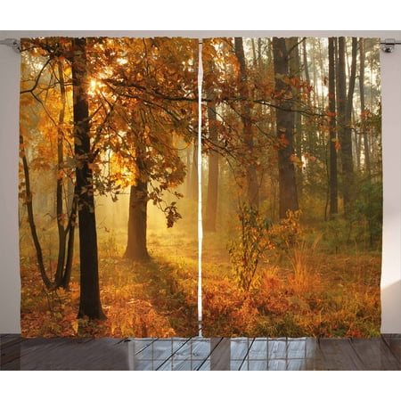 Dark Wood Window - Fall Curtains 2 Panels Set, Misty Autumnal Forest with Rising Sun Early Morning in Foggy Woods Scenery, Window Drapes for Living Room Bedroom, 108W X 63L Inches, Orange Brown Green, by Ambesonne