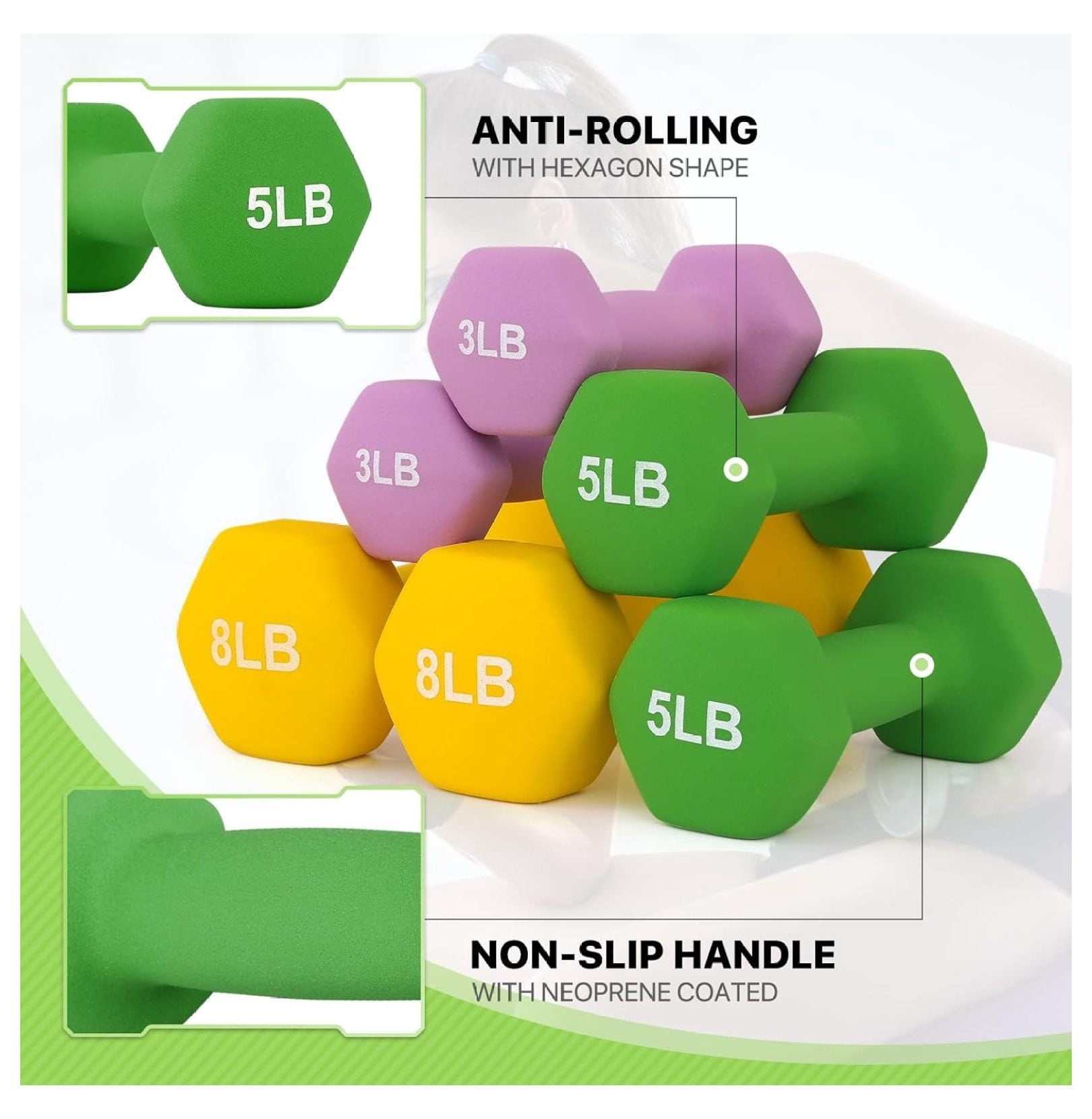 Dumbbells Hand Weights Set, Neoprene Coated Hexagon Workout Dumbbell for Women and Men, 1, 2, 3, 5, 8, 10, 12, 15lbs - Pair