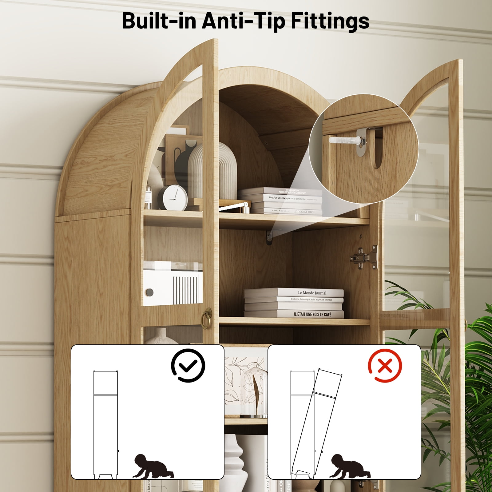 IDEALSOUL Arched Kitchen Pantry Cabinet, 71" Tall Wood Storage Cabinet with 2 Glass Doors, 4 Shelves and 2 Drawers, Food Cabinet for Kitchen, Living Room, Bedroom(Wood color)