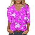 thumbnail image 3 of Cotton T-shirts Women Floral Printed Tee Shirt V Neck 3/4 Sleeve Spring Summer Tunic Tops Graphic Tshirts (L, Purple), 3 of 6