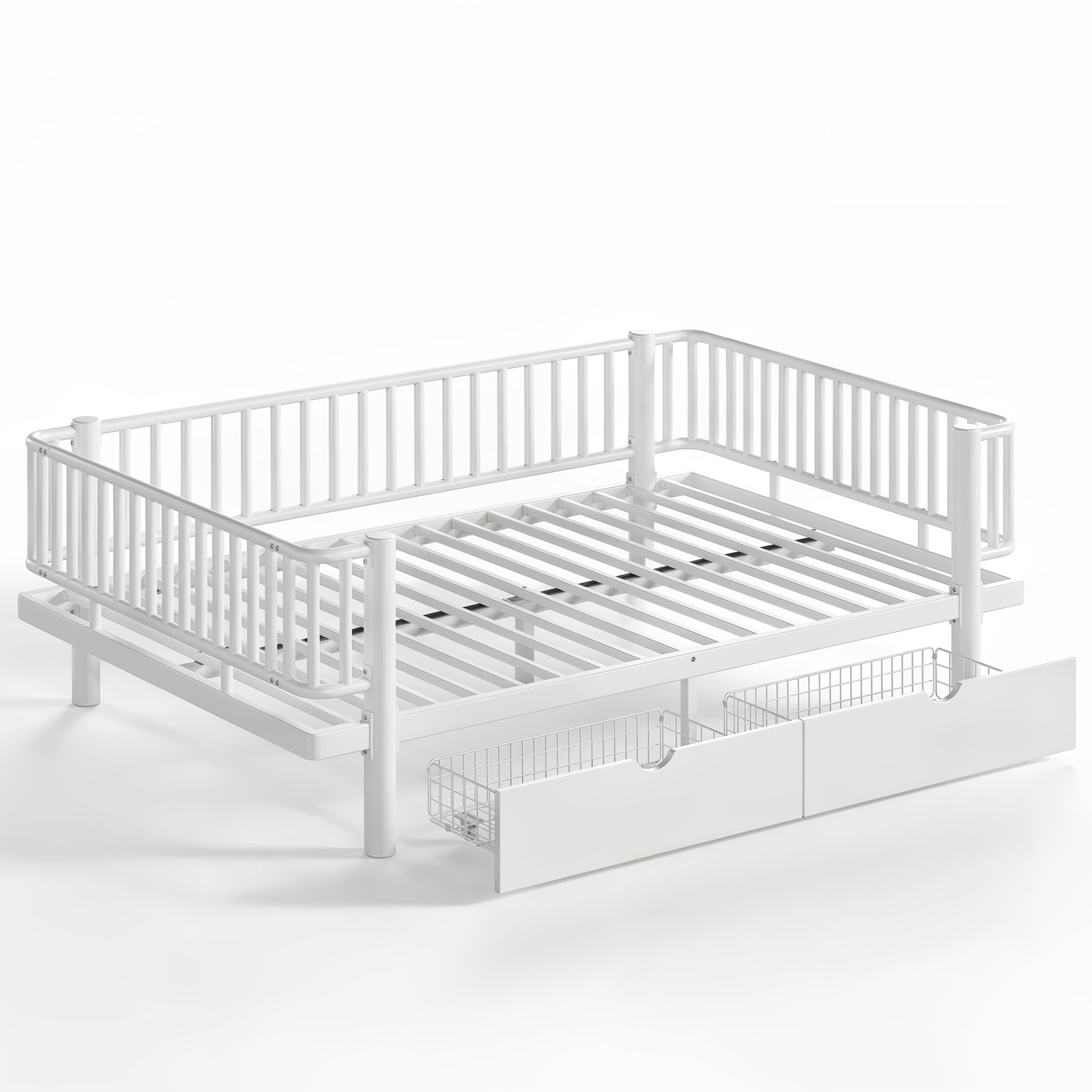 Noble House Full Size Platform Bed with Storage Drawers, Daybed Frame with Round-Pipe Design, White