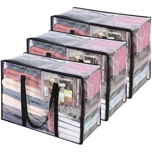 3 Pack Clear Clothes Storage Bag, 40L Plastic Blanket Storage Bag with Zipper, Foldable Closet Organizer, Moving bags for Comforter, Blanket, Bedding, Duvet, Toys