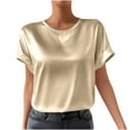 thumbnail image 2 of Homenesgenics Womens Tops Plus Size Spring Casual Fashion Solid Color Short Sleeve Round Neck Satin Top /Shirt Gold XL, 2 of 9