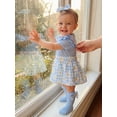 thumbnail image 4 of Loicainy Baby Infant Girl Summer Bodysuit Dress Outfits 3 6 9 12 Months Faux Two-piece Design Daisy Print Plaid Short Sleeve Romper Bow Headband and Stockings Set, 4 of 9