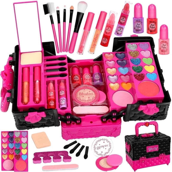 Feibely Kids Makeup Kit for Girls, 45 Pcs Washable Girls Makeup Kit Kids Toys, Princess Play Makeup Set Birthday Gift for Girl Age 3-12