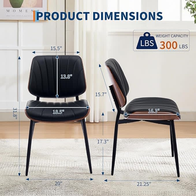 thumbnail image 2 of Dining Chairs Set of 2 - Mid Century Modern Upholstered Retro PU Leather Kitchen Chairs with Walnut Bentwood Back and Metal Legs for Dining Room and Kitchen, Black Shell Strips, 2 of 7