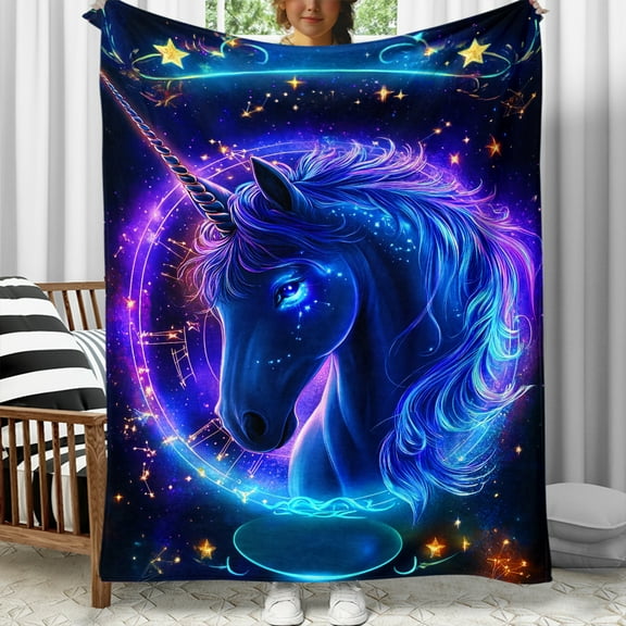 Mystical Unicorn Digital Print Flannel Throw Blanket Soft Warm Lightweight Tear-Resistant Jacquard Knitted with Glam Animal Theme for Sofa Bed Travel Camping Office All-Season Comfort