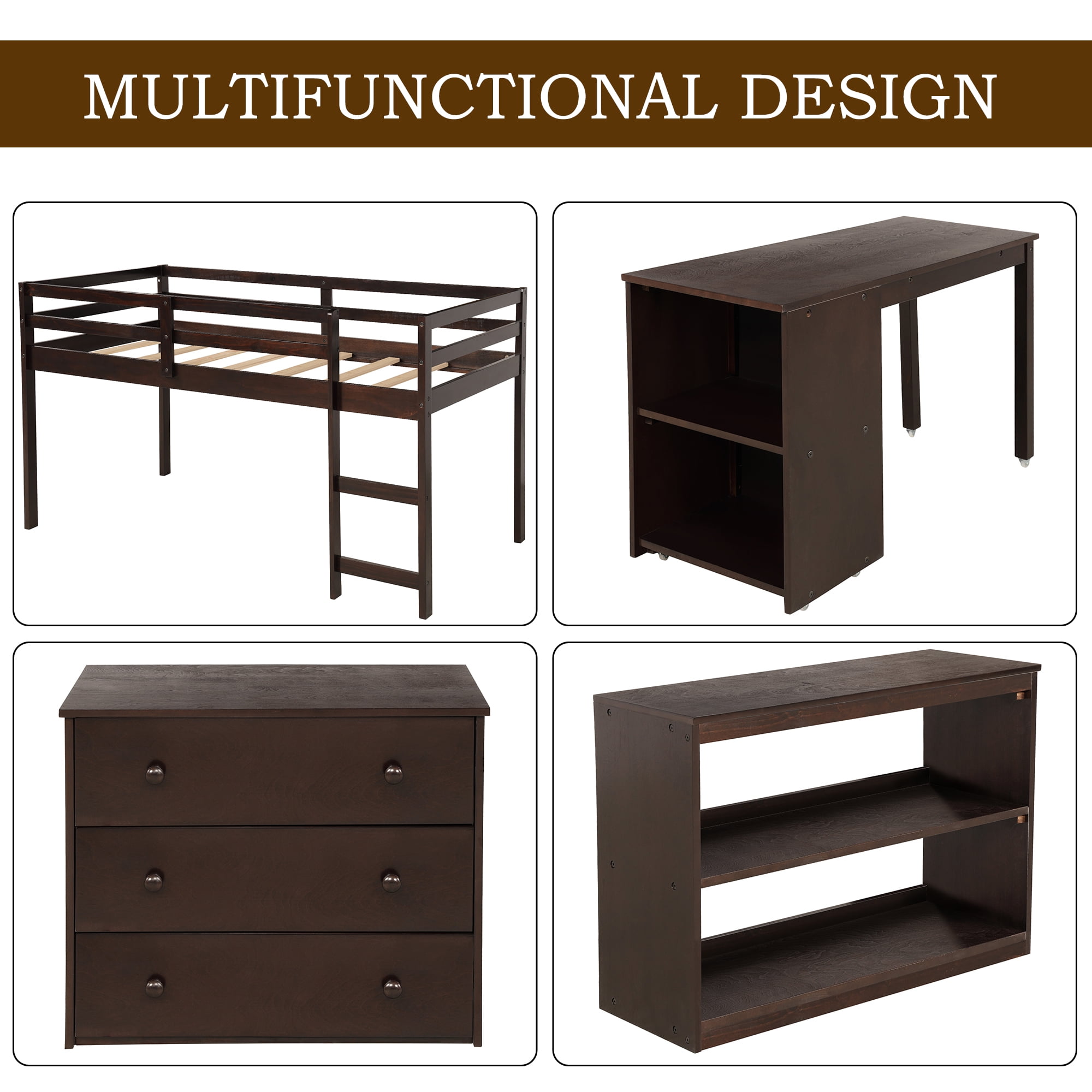 Kepooman Twin Size Low Study Loft Bed with Cabinet & Rolling Desk for Bedroom, Espresso Kepooman Twin Size Low Study Loft Bed with Cabinet & Rolling Desk for Bedroom, Espresso