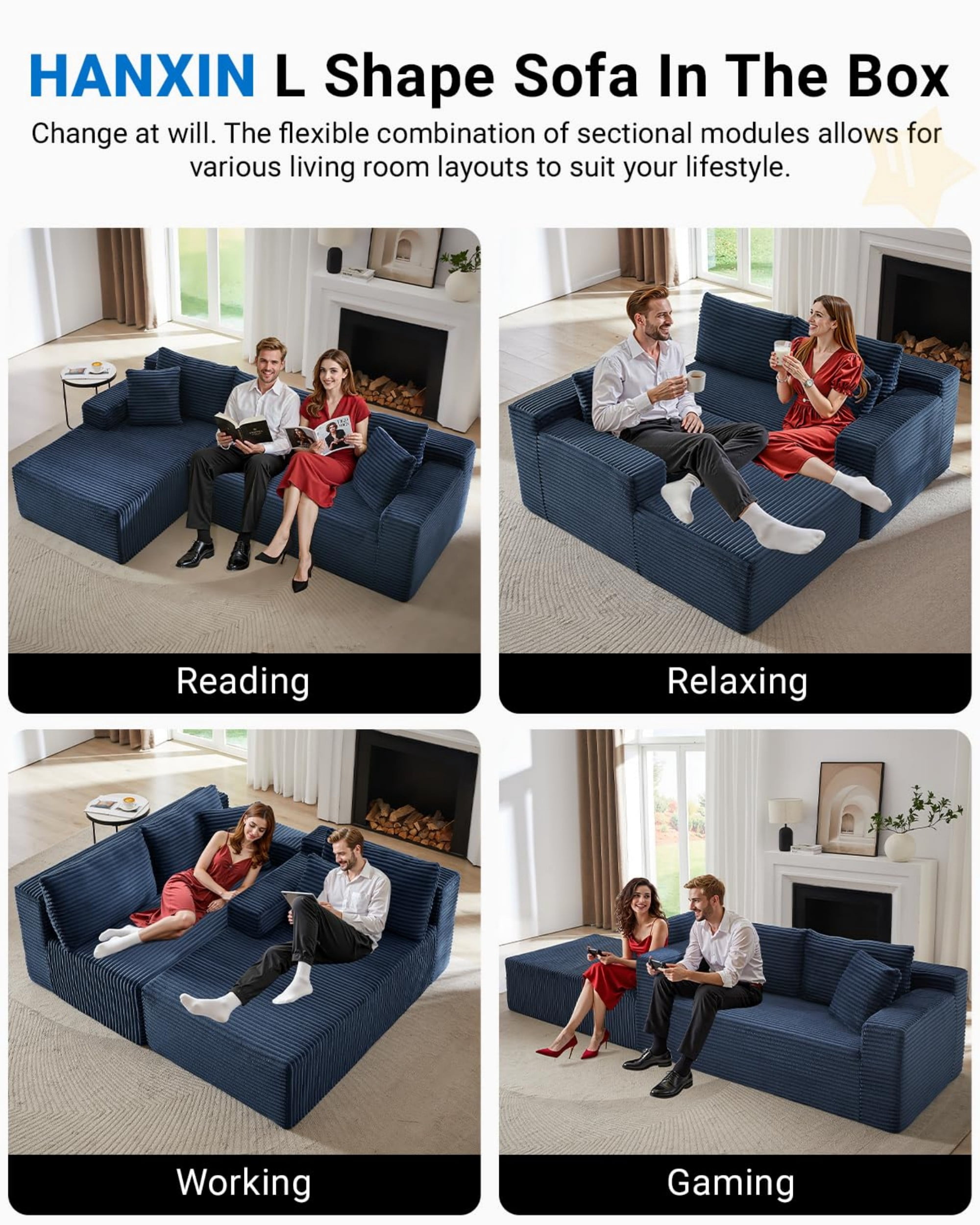 Aukfa 107" Cloud Modular Sectional Couch with Left-Facing Chaise, Corduroy Deep Seat Boneless Sofa for Living Room, Apartment, Blue