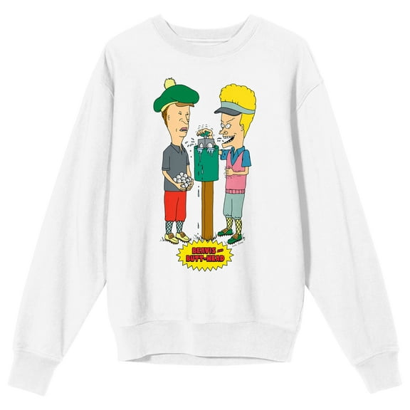 Beavis & Butthead Golf Gear Crew Neck Long Sleeve White Adult Sweatshirt-Medium