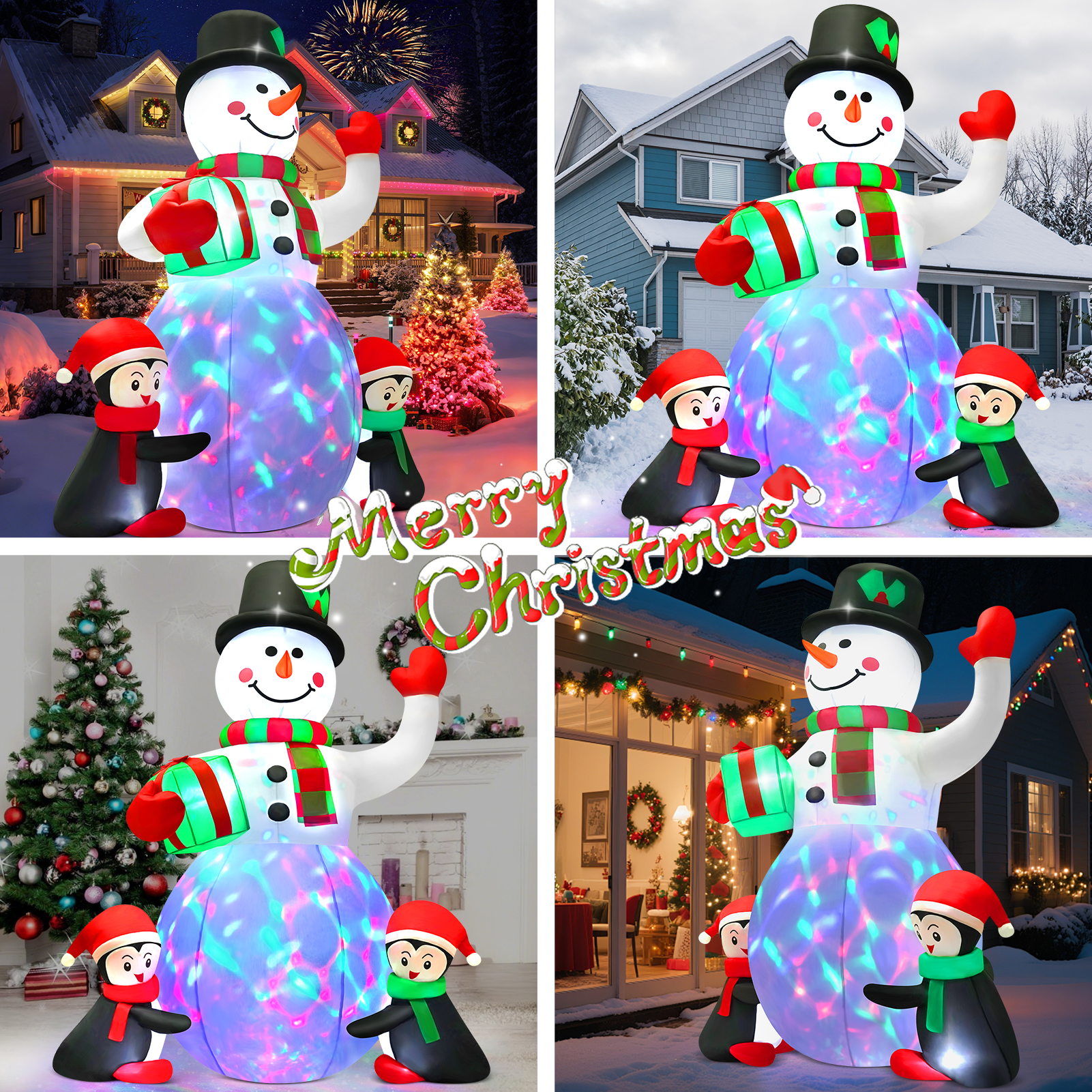 Yexmas 6.3-Foot Inflatable Snowman with Penguins & Rotating Lights photo 3