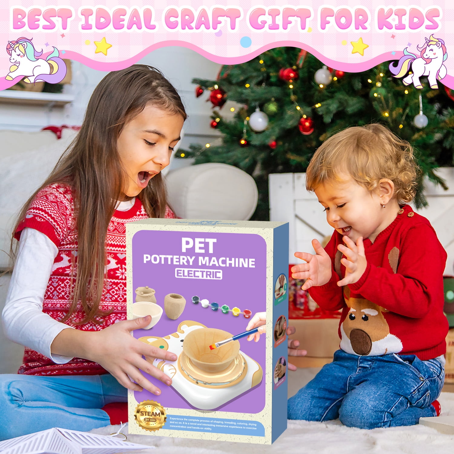 Huge Wave Pottery Wheel for Kids Ages 6-12, Unicorn Arts and Crafts Kit for beginners with 4 Clays and Sculpting Tools, Ideal Birthday Gifts Toys for Girls