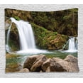 thumbnail image 1 of Waterfall Decor Tapestry, Mother and Baby Waterfalls by the Mountain Side with moss on Rocks, Wall Hanging for Bedroom Living Room Dorm Decor, 60W X 40L Inches, Green and Brown, by Ambesonne, 1 of 2