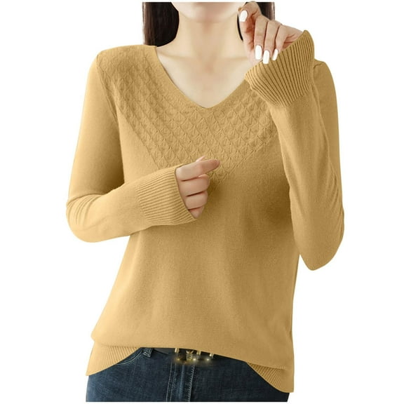 JYnXIANTI Fall Sweaters for Women Soft Cozy Long Sleeve Tops Casual Fashion Solid V Neck Knitted Pullovers