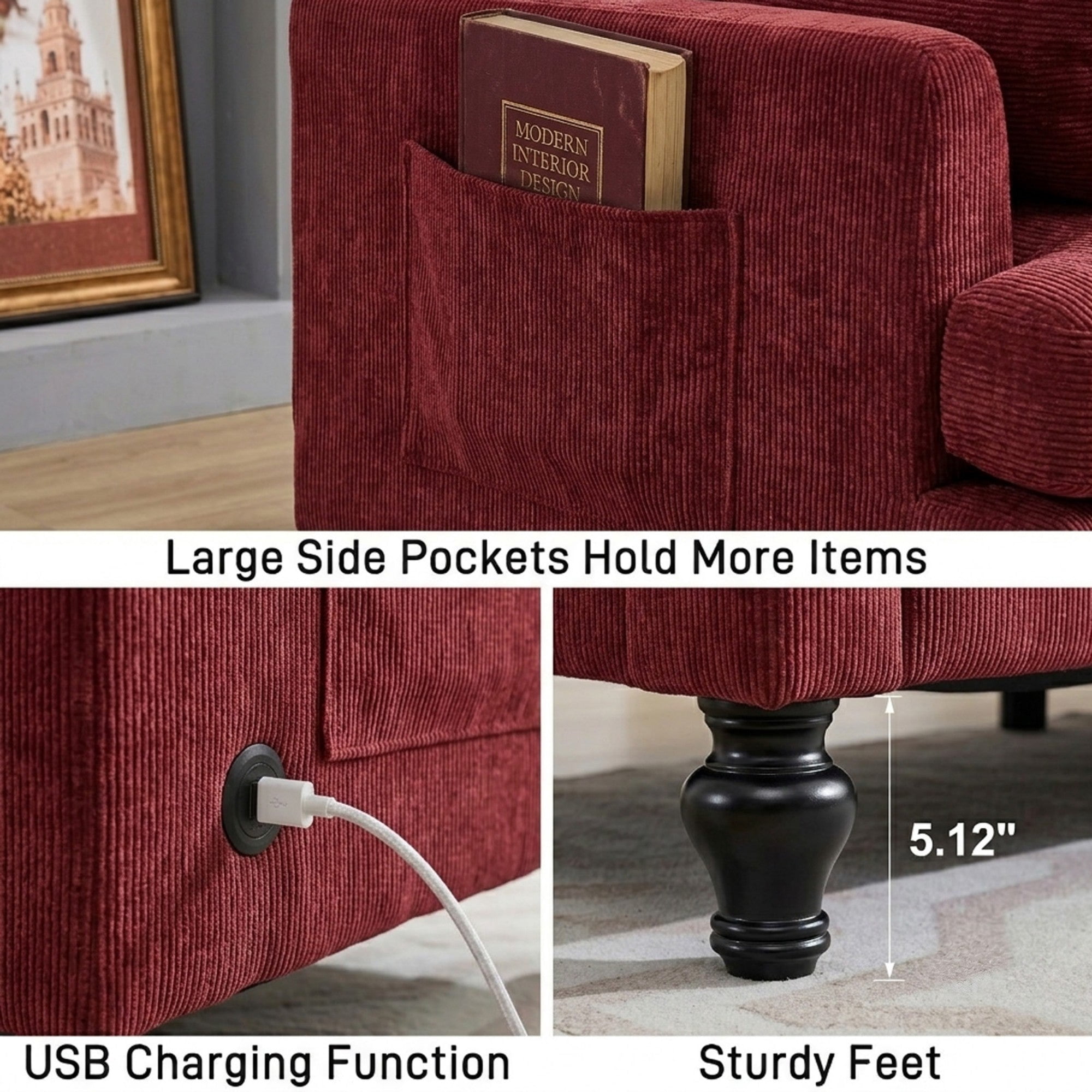 Sailvan 68.9" Modern Loveseat Sofa,Comfy Chenille 2-Seat Couch with LED Lights & USB Ports,Small Cloud Couch for Living Room,Apartment,Red