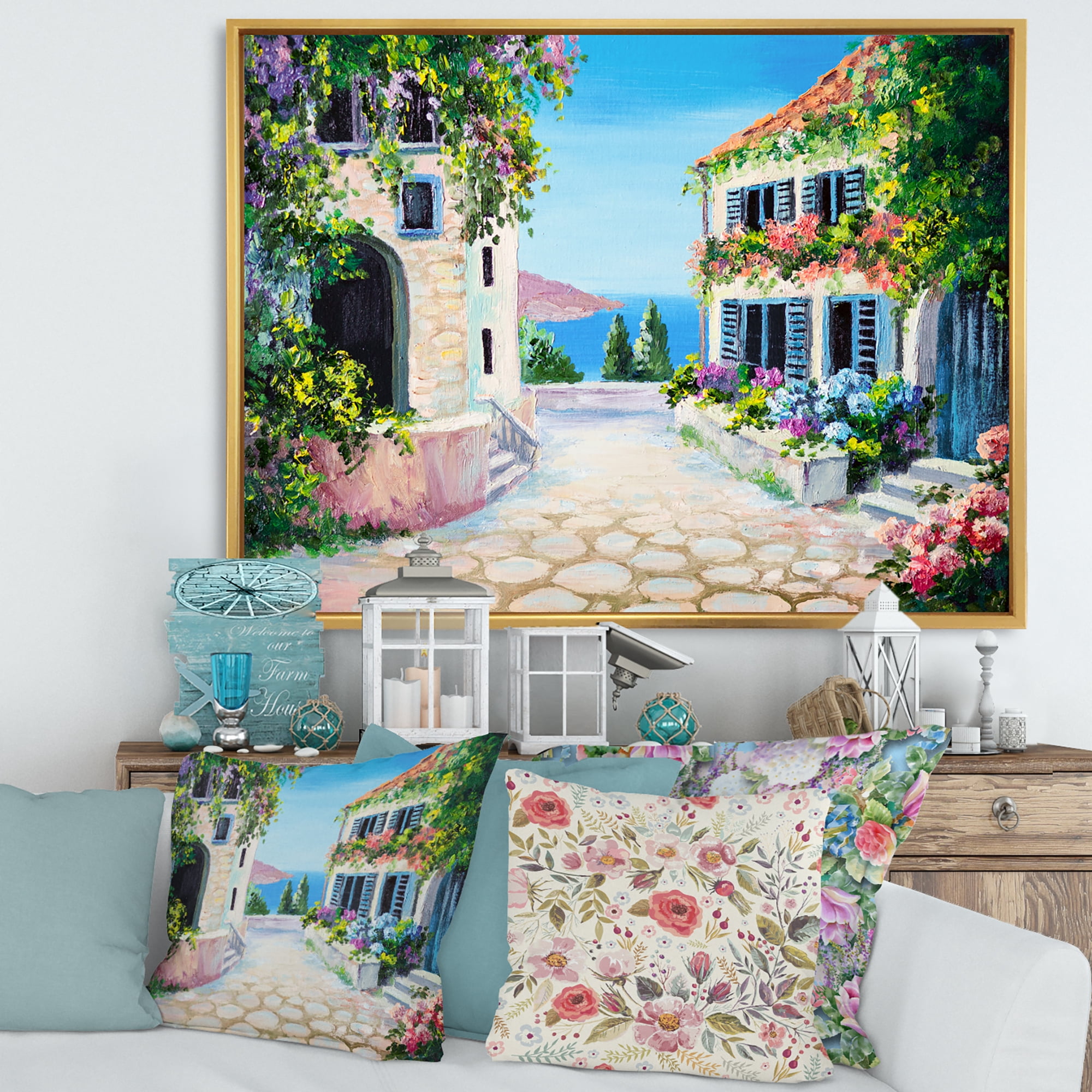 Blossoming Flowers With White Houses With Near The Sea 20 in x 12 in Framed Painting Canvas Art Print, by Designart
