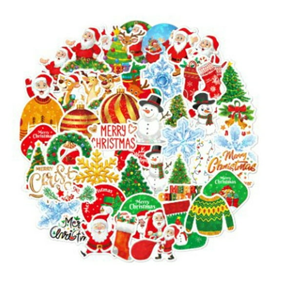 50Pcs Christmas Stickers Holographic Waterproof Holiday Party Present Decoration