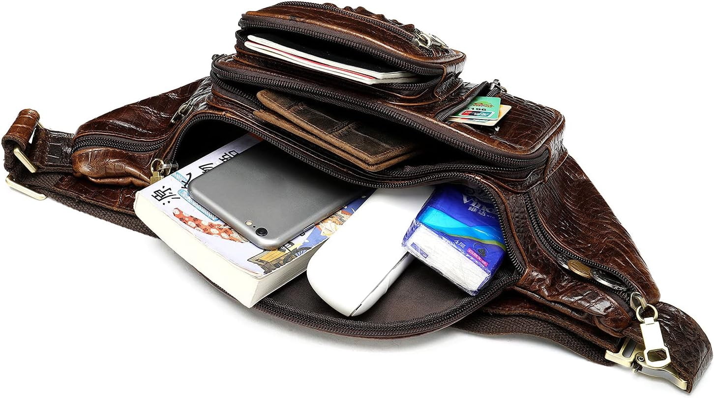 MARRANT Genuine Leather Fanny Pack for Men, Large Capacity Crossbody Waist Bag with Multiple Zipper Pockets, Coffee Croco