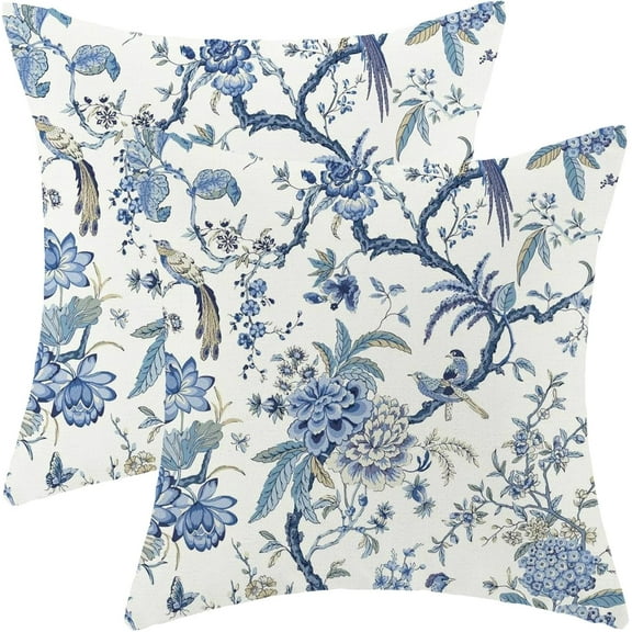 Chinoiserie Pillow Covers 18x18 Set of 2, Vintage Bule Birds Flowers Farmhouse Decorations Throw Pillow Covers Blue and White Outdoor Decorative Linen Cushion Case for Couch Sofa Home