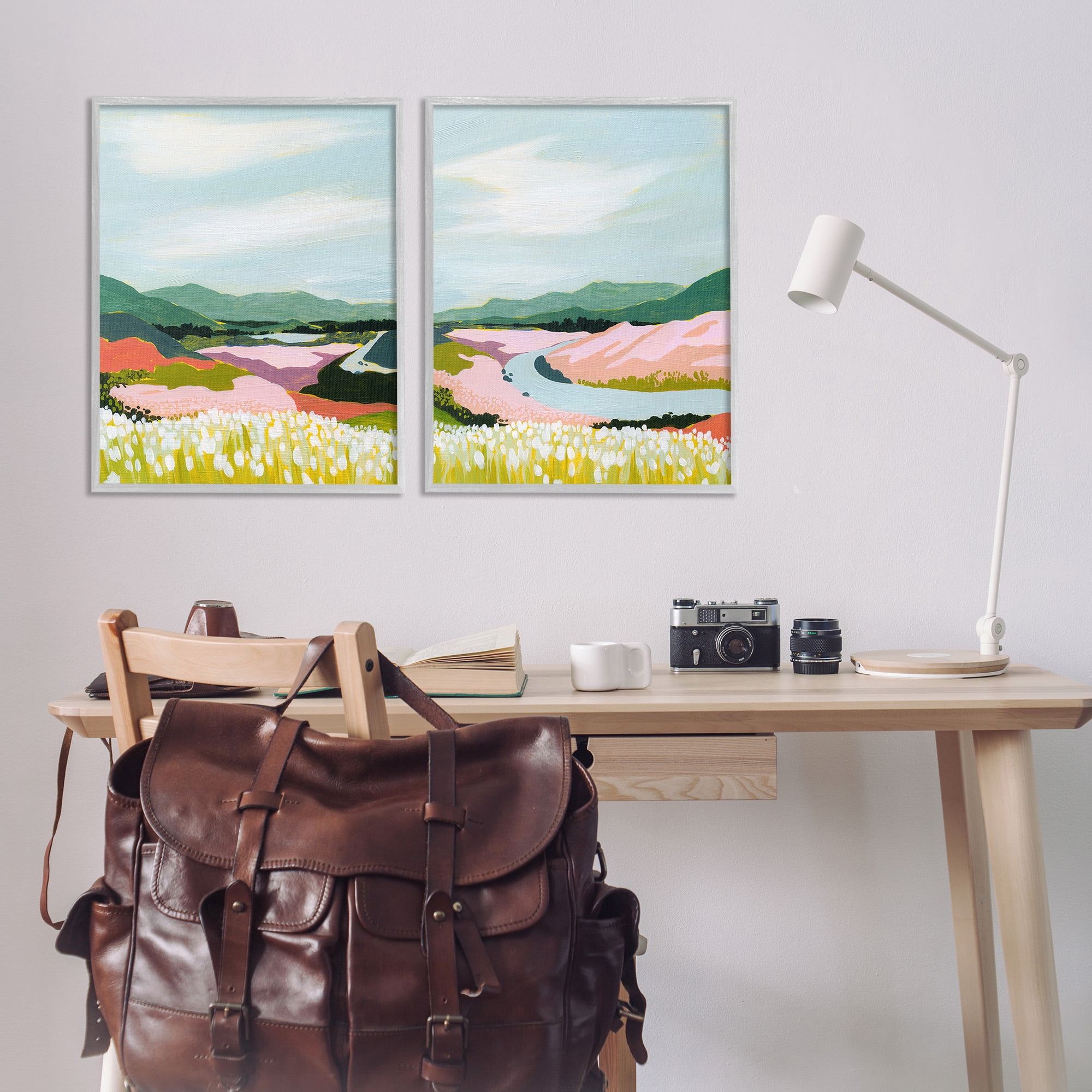 Stupell Industries Mountain Valley Meadow Landscape Painting Gray Framed Art Print Wall Art, 24 x 30, Set of 2