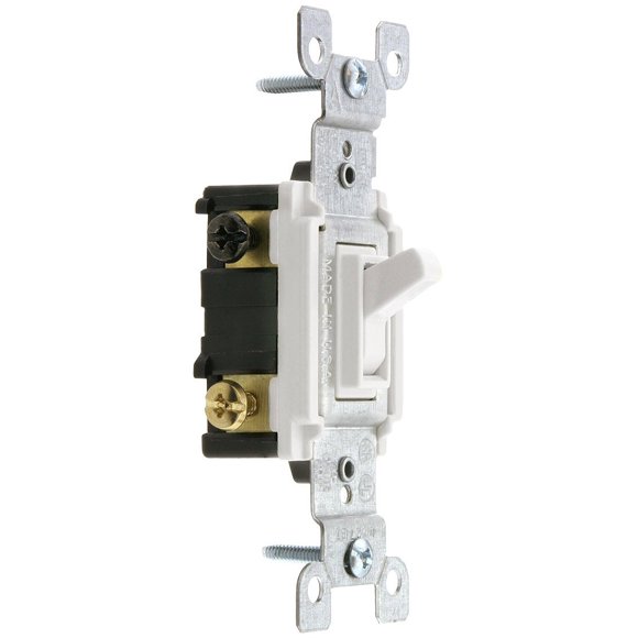 Leviton 1453-2W 15 Amp, 120 Volt, Toggle Framed 3-Way Ac Quiet Switch, Residential Grade, Grounding, Quickwire Push-In & Side Wired, White