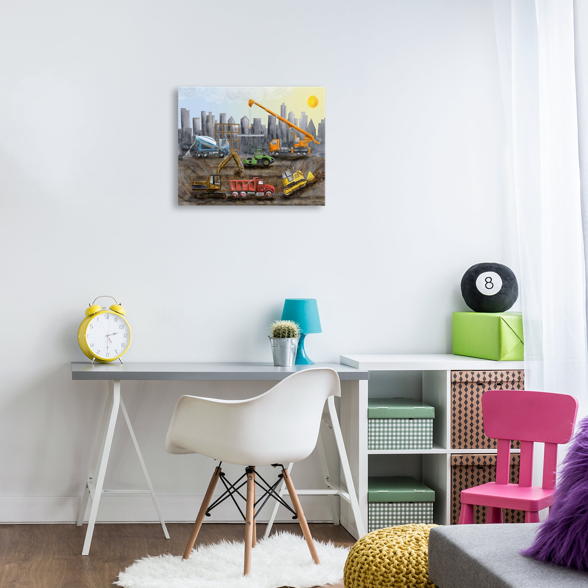 Stupell Industries Construction Trucks Skyline Transportation Painting Wrapped Canvas Art Print Wall Art, 20 x 16