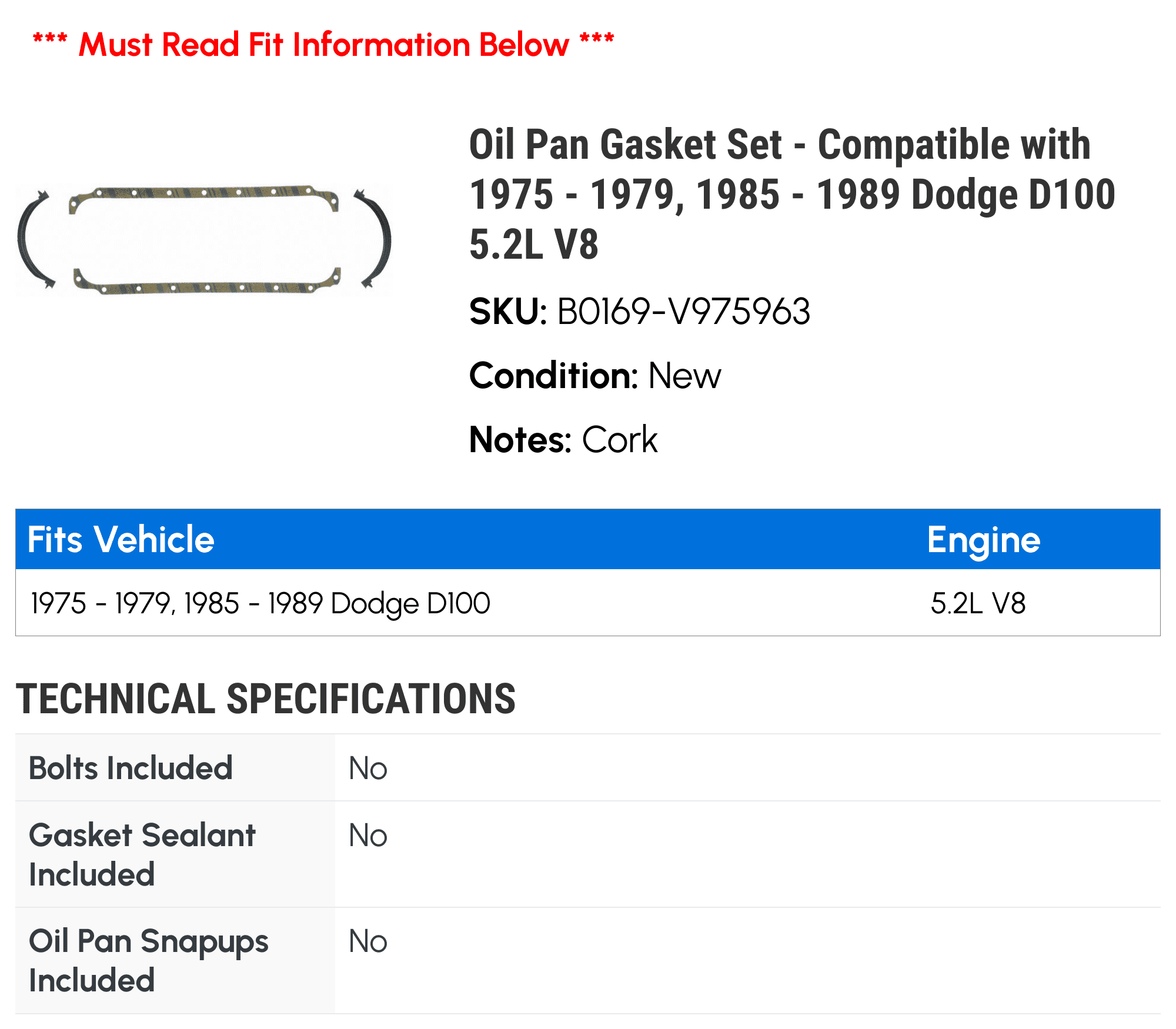Oil Pan Gasket Set - Compatible with 1975 - 1979, 1985 - 1989 Dodge D100 5.2L V8 1976 1977 1978 1986 1987 1988